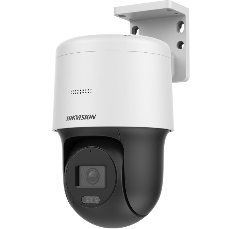 Caméra de surveillance PTZ blanche Hikvision avec support mural.