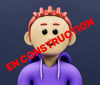 Personnage 3D avec bandeau rouge 'En Construction' pour maintenance du site.